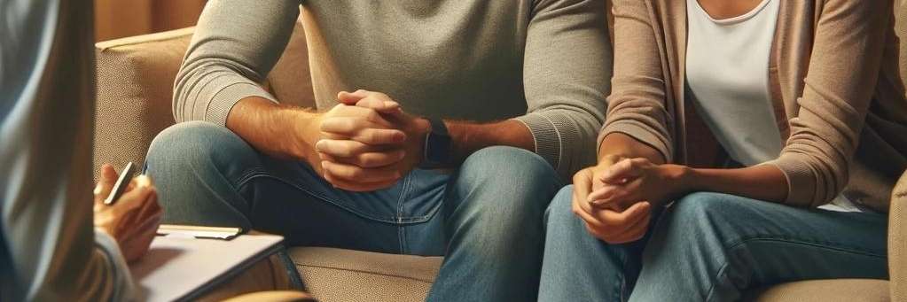 Couples in couples therapy in Seattle sitting on couch.