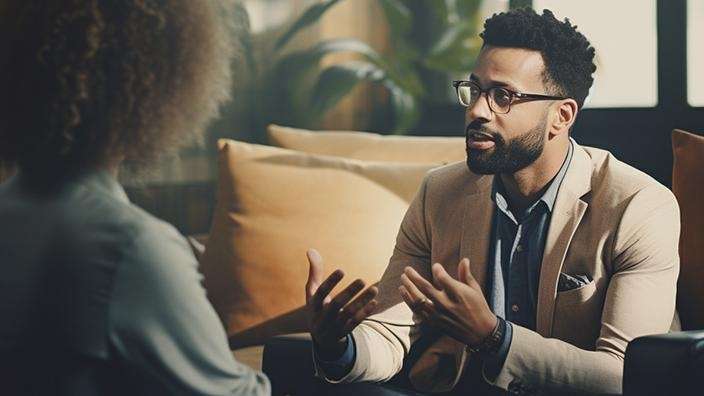 Person talking to therapist during therapy in Seattle.