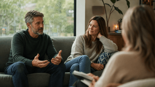 Couple talking with a therapist during a relationship counseling session in a warm Seattle office.