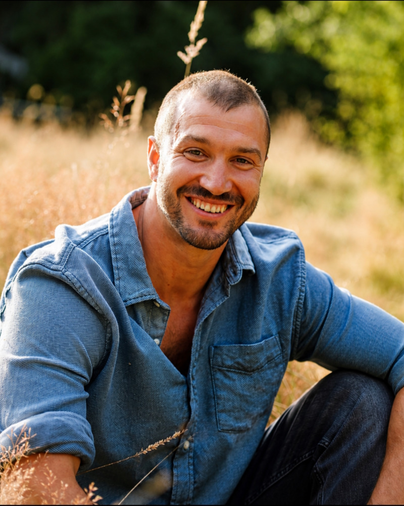 Talor Lee-Stiles, relationship therapist and sex therapist in Seattle, photographed sitting in a field, smiling
