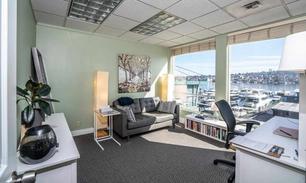 Waterfront therapy office at Clarity Counseling Seattle with views of Lake Union